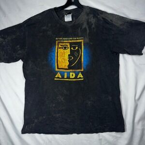 Vintage Elton John Tim Rice Aida Broadway Musical T-Shirt Acid Wash Black Large
